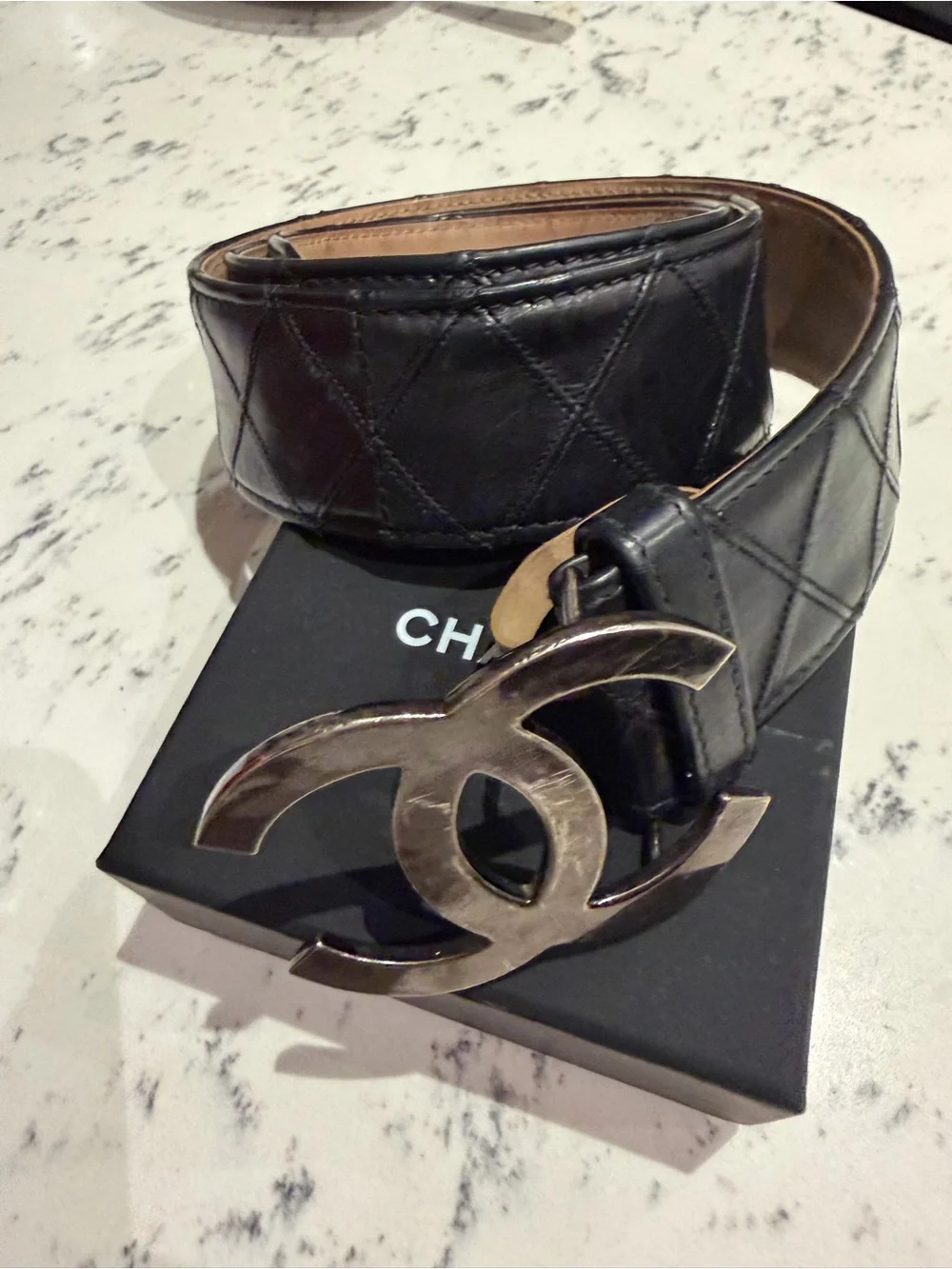 CHANEL Black Quilted Leather Belt with Silver CC Interlocking Buckle